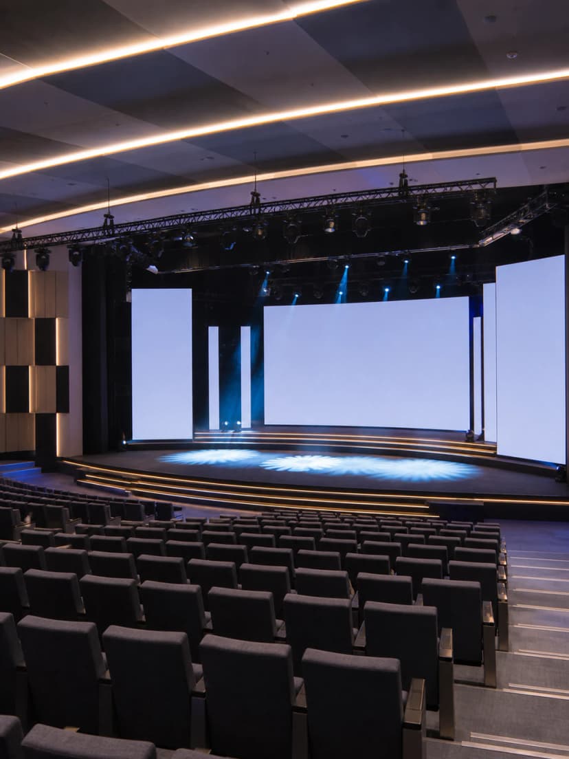 Modern auditorium with a wide projection screen and rows of dark conference seats.