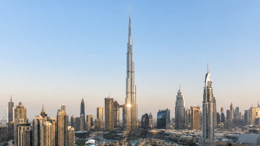 Burj Khalifa and Downtown Dubai skyline in the United Arab Emirates.