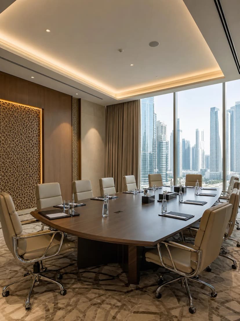 Contemporary boardroom with white chairs and floor-to-ceiling views of Dubai.