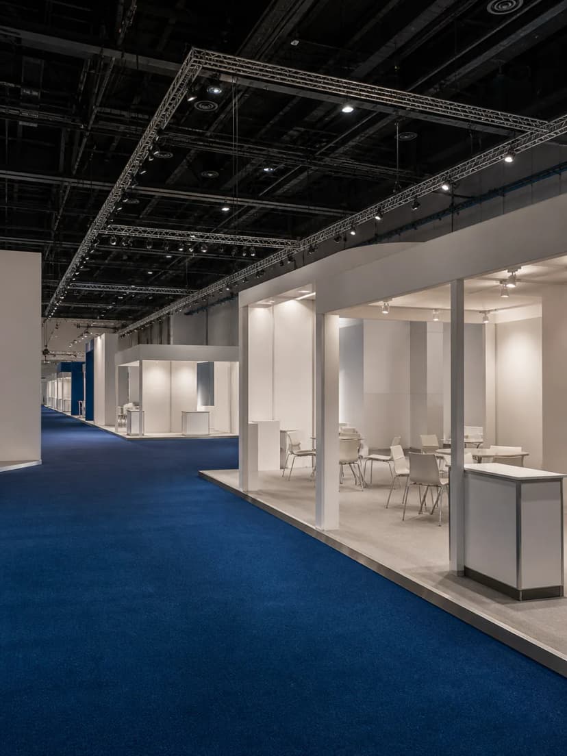 Blue-carpet exhibition aisle lined with modular white trade-show stands.