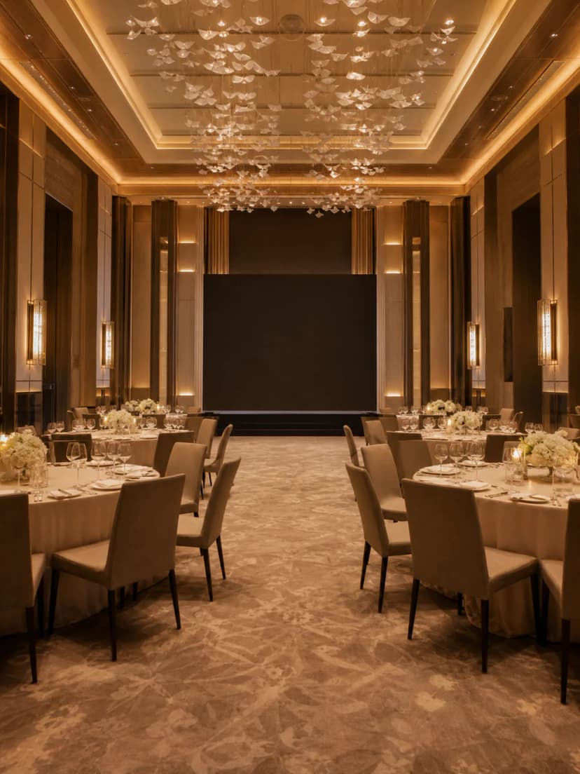 Formal ballroom with round dining tables facing a large presentation screen.