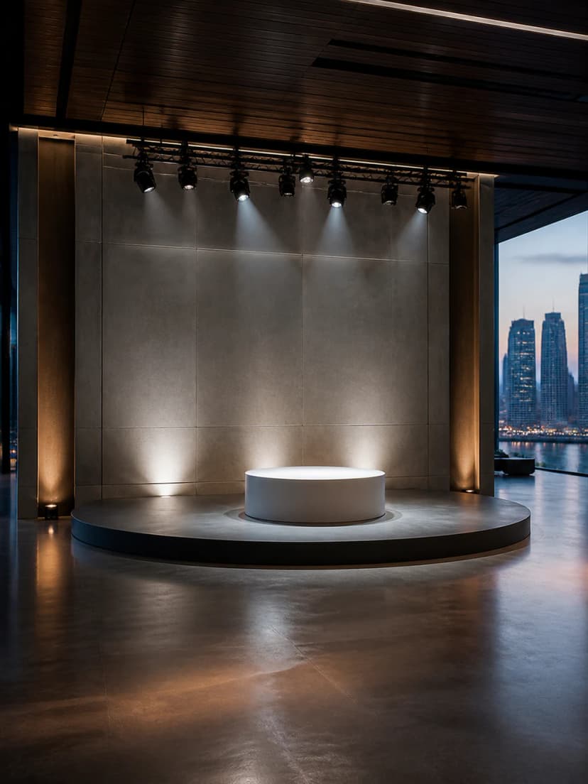 Illuminated circular product stage in a modern hall overlooking the Dubai waterfront.