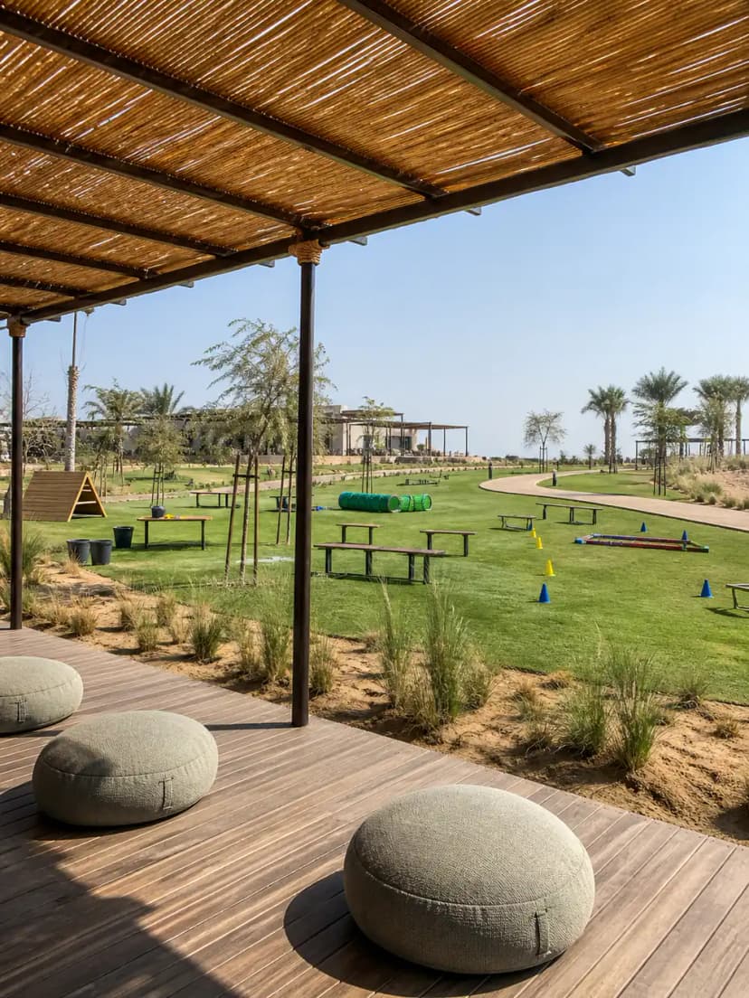 Outdoor team-building course with activity stations on a palm-lined lawn.