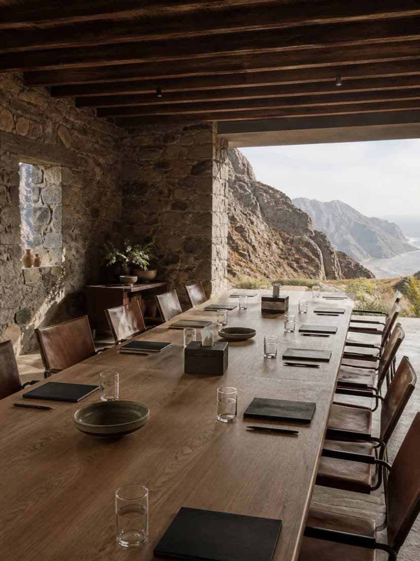 Private strategy table overlooking a mountain landscape for a company offsite.