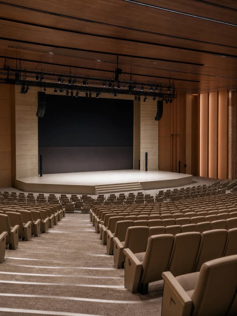 Wood-panelled auditorium prepared for a conference or business forum in Saudi Arabia.