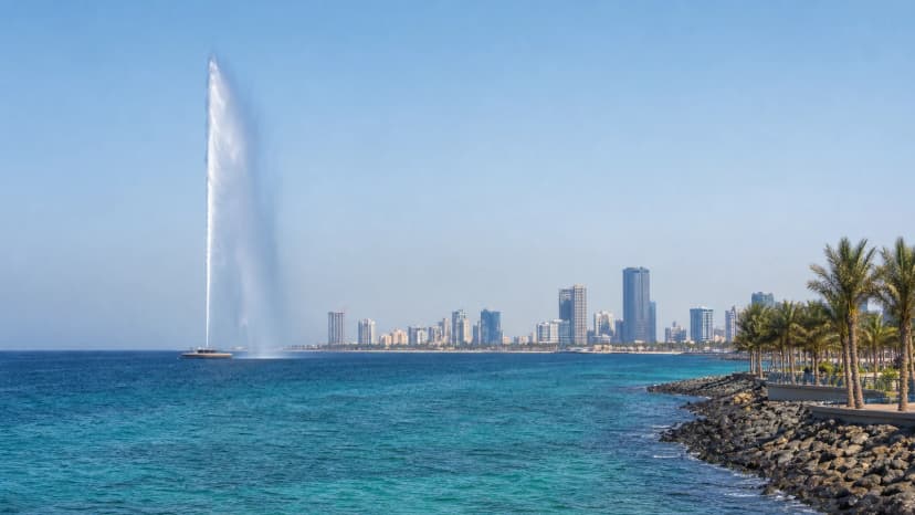 Jeddah waterfront and fountain on Saudi Arabia’s Red Sea coast.