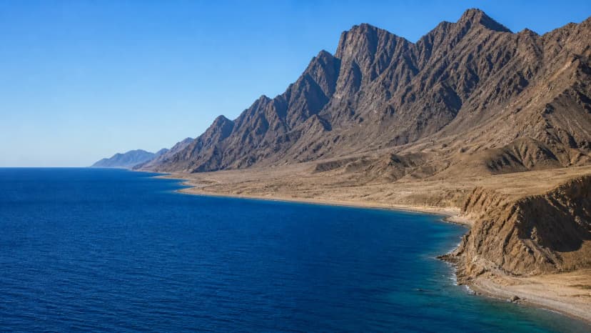 Mountain coastline in north-west Saudi Arabia representing the NEOM region.