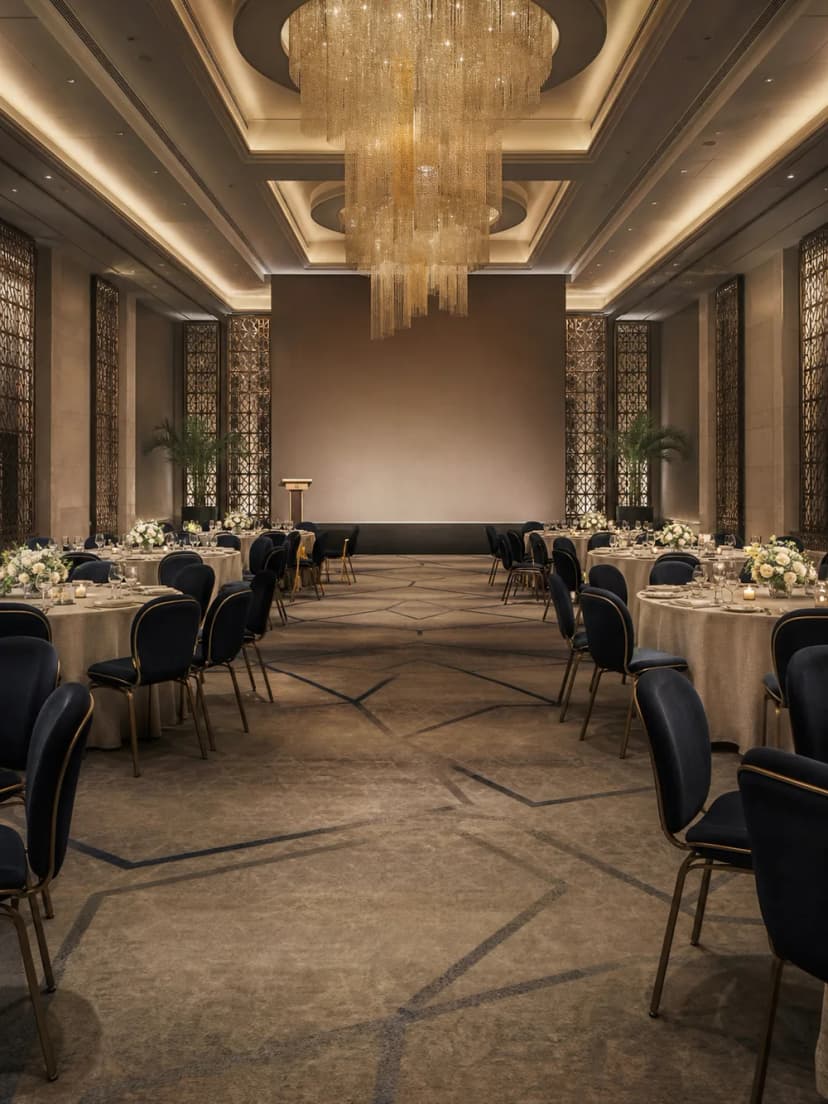 Elegant ballroom arranged for a corporate gala dinner and awards ceremony.