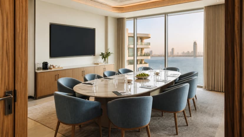 Executive meeting room for ten guests with a restrained Riyadh skyline view.
