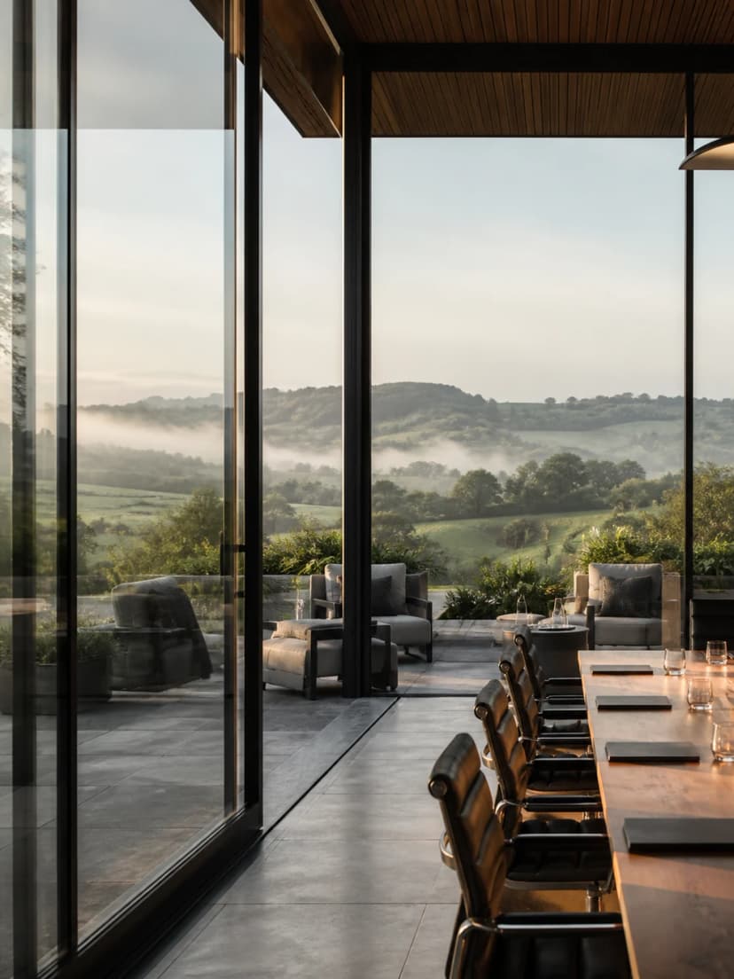 Countryside meeting retreat overlooking rolling hills for a company away day.