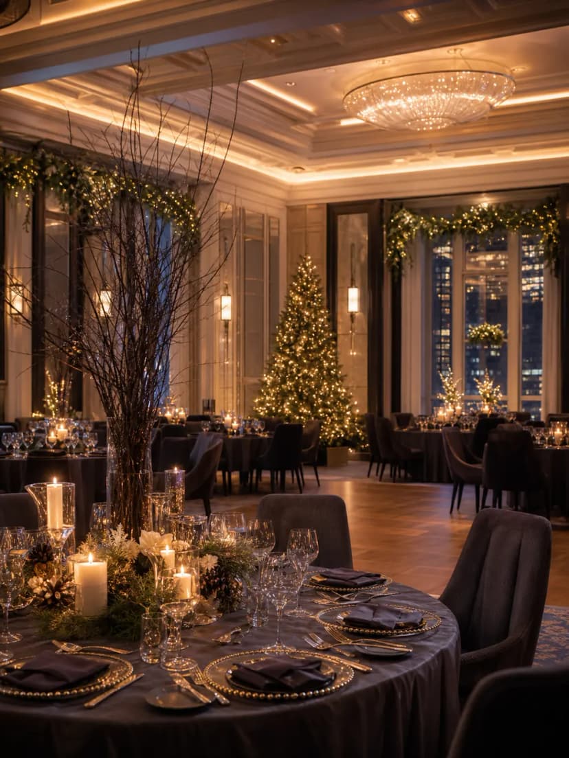 Elegant UK hotel ballroom decorated for a corporate Christmas party.
