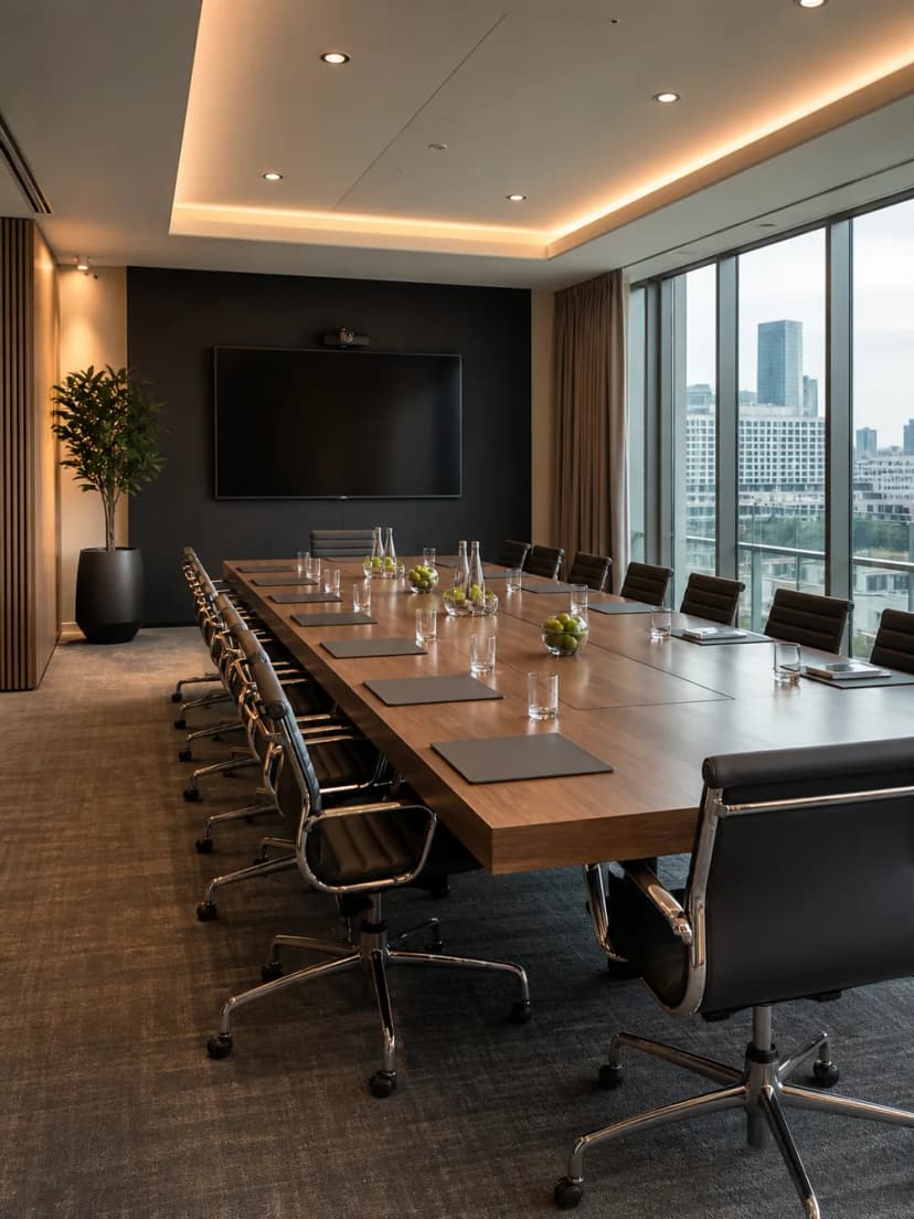 Executive corporate meeting room with a long table and London city views.